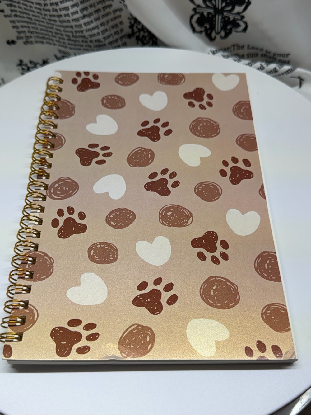 Spiral Notebook with Heart & Paw Print Cover - Blush Brown